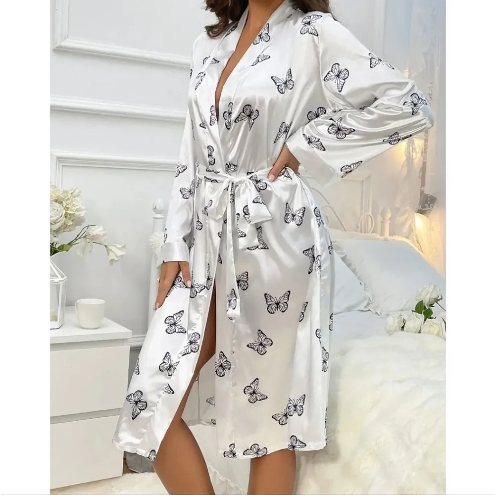 Womens Plus Size Satin Kimono Robe Lingerie Nightgown Sleepwear Silk Bathrobe US